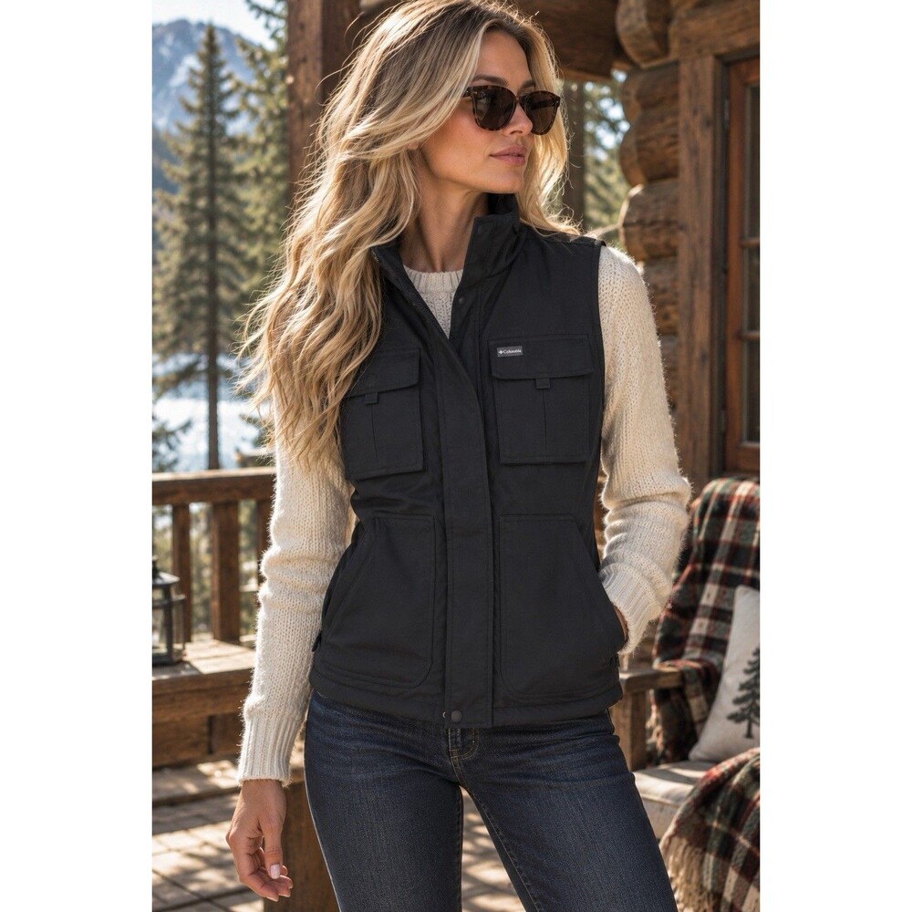 Columbia Cargo Vest Womens M Black Utility Plaid Lined Pockets Outdoor Gorpcore